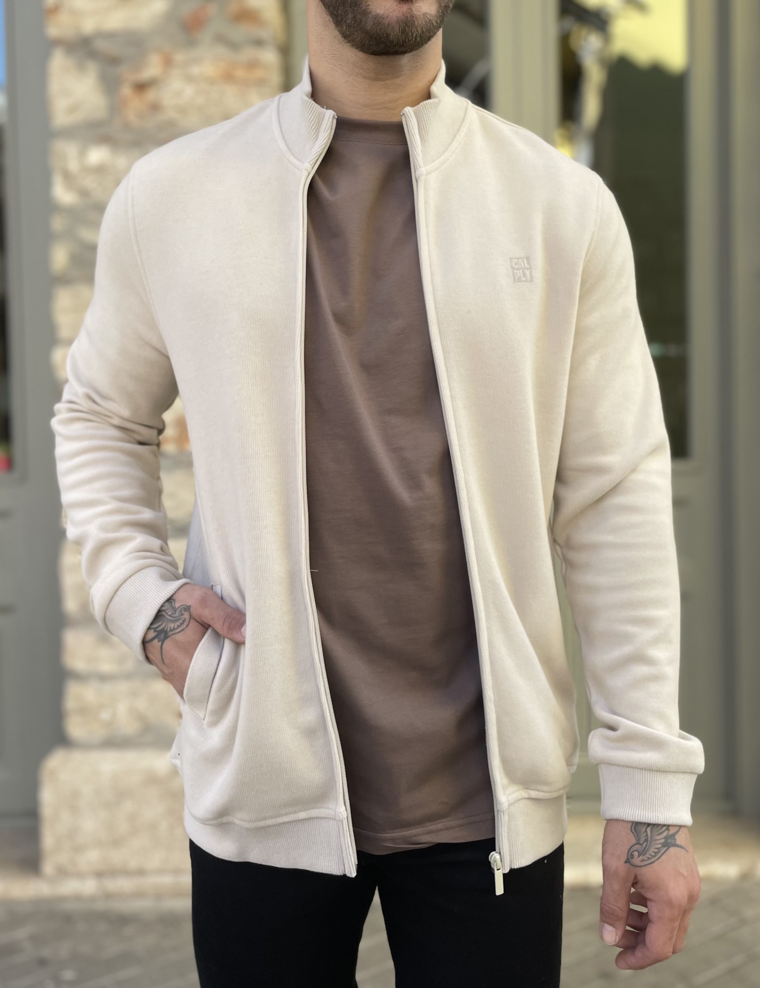 Calpoly Ανδρική μπεζ βαμβακερή ζακέτα με γιακά 2330B